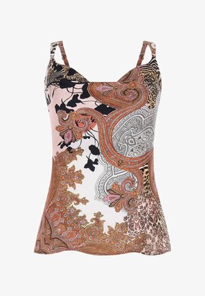 Top smanicato da donna con spalline sottili, caratterizzato da un motivo paisley e floreale nei toni arancione, nero, bianco e marrone.