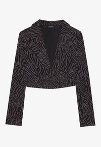 Černý zkrácený blazer s texturovaným zebrovaným vzorem v metalické fialové. Obsahuje klopený límec a dlouhé rukávy.