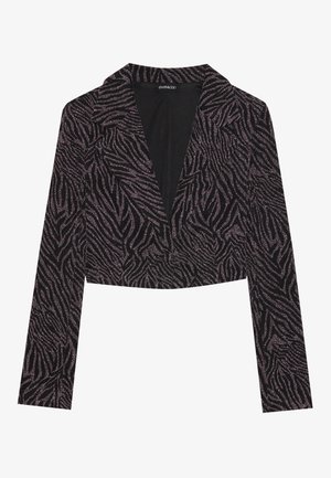 Sacou scurt negru cu un model texturat de zebra în violet metalic. Dispune de un guler tăiat și mâneci lungi.
