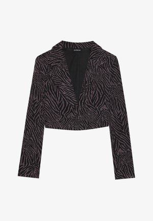 Blazer preto cropped com um padrão texturizado de zebra em roxo metálico. Apresenta um colarinho em pico e mangas longas.