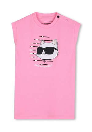 Roze mouwloos kinderhemd met een kat die zwarte zonnebrillen draagt en de tekst "Karl Lagerfeld" onder de afbeelding.
