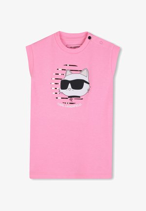 Chemise rose sans manches pour enfants avec un chat portant des lunettes de soleil noires et le texte "Karl Lagerfeld" sous le graphisme.