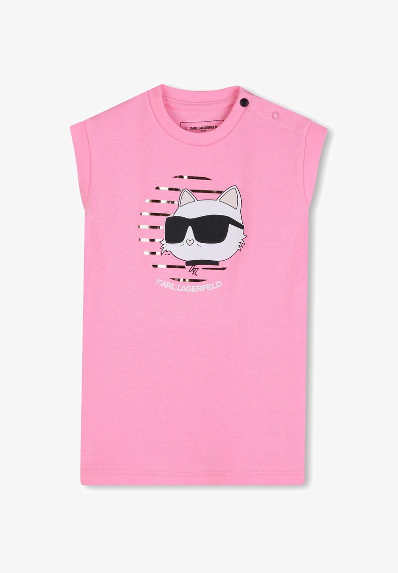 Chemise rose sans manches pour enfants avec un chat portant des lunettes de soleil noires et le texte "Karl Lagerfeld" sous le graphisme.
