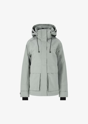 Hellgraue wasserdichte Jacke mit Kapuze, ausgestattet mit einem Frontreißverschluss und Zugverstellern, zwei großen Fronttaschen und schwarzen Bündchen an den Ärmeln.