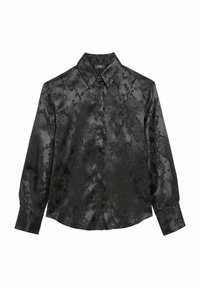 Czarna, długosleeve koszula z błyszczącego materiału w wzór węża, z charakterystycznym kołnierzykiem i zapięciem na guziki.