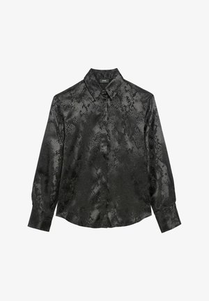 Czarna, długosleeve koszula z błyszczącego materiału w wzór węża, z charakterystycznym kołnierzykiem i zapięciem na guziki.