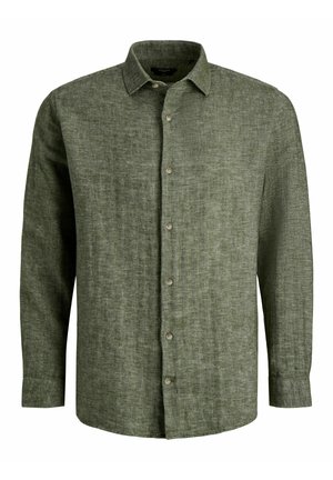 Hosszú ujjú, olívazöld vászon ing gombos előlappal és klasszikus gallérral.