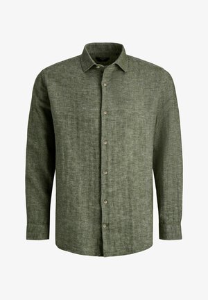 Langärmliges, olivgrünes Leinenhemd mit Knopfleiste und klassischem Kragen.