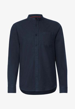 Navy long-sleeve shirt with a band collar, front buttons, left chest pocket, and a curved hem. Smooth fabric with slight sheen.
