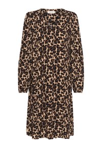 Leopardenmuster-Kleid in Beige mit schwarzen Flecken, langen Ärmeln, einem V-Ausschnitt und lockerer Passform. Der Stoff hat eine weiche Textur und ein fließendes Design.