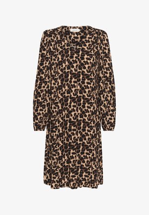 Leopardenmuster-Kleid in Beige mit schwarzen Flecken, langen Ärmeln, einem V-Ausschnitt und lockerer Passform. Der Stoff hat eine weiche Textur und ein fließendes Design.