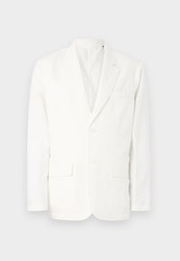 Weißes Baumwollblazer mit Reverskragen, zwei Fronttaschen, zwei Knöpfen und einer Brusttasche. Einfaches, sauberes Design mit taillierter Passform.
