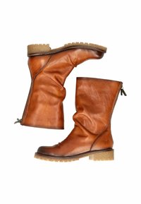 Brune læderstøvler til anklerne med en afslappet design, der har en sidelukning, kraftig sål og struktureret overflade.