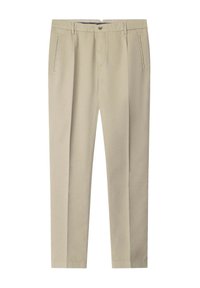 Beige trousers made of lightweight fabric, featuring a straight cut, two side pockets, and a button closure at the waistband.