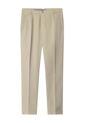 Beige Hosen aus leichtem Stoff mit geradem Schnitt, zwei Seitentaschen und einem Knopfverschluss am Bund.