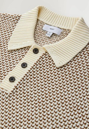 Brown and cream patterned polo shirt with a ribbed collar and three dark buttons. Fabric texture appears woven and textured. Tags visible.