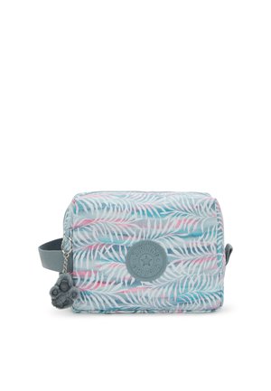 Blue and pink leaf-patterned toiletry bag with a rounded shape, textured material, rubber logo patch, and a gray furry charm accent.