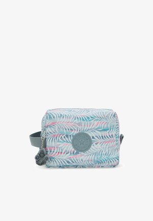 Borsa per articoli da toeletta con motivo foglia blu e rosa, forma arrotondata, materiale testurizzato, patch in gomma con logo e un charm in peluche grigio.