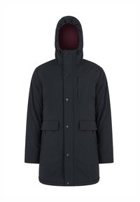 Czarna pikowana kurtka z odpinanym kapturem, z zamkiem błyskawicznym na kieszeni na piersi, dwoma kieszeniami z przodu i zapięciem na guziki. Wnętrze podszewki w kolorze bordowym.