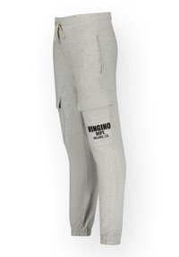 Light grey sweatpants made of cotton blend, featuring elastic waistband and cuffs, side pockets, and a black printed logo on the thigh.