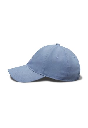Cappellino da baseball azzurro chiaro in cotone con visiera flessibile, dettagli ricamati sulla parte frontale e fori di ventilazione sui lati.