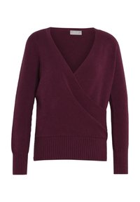 Pull cache-cœur bordeaux profond avec manches longues, col en V et poignets et ourlet côtelés.