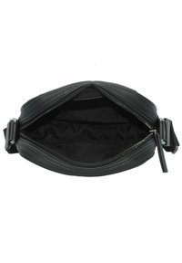 Black leather crossbody bag with a zip closure. The interior features a soft lining and elastic pocket for organization.