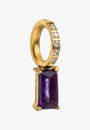 Goldanhänger mit rechteckigem violettem Edelstein und rundem Anhängerring, besetzt mit kleinen klaren Kristallen.