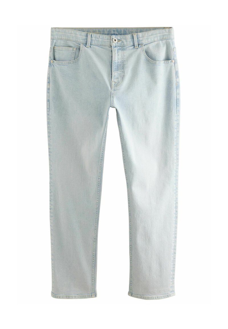Jeans din denim albastru deschis, cu croi drept, având cinci buzunare, închidere cu nasture și o decolorare subtilă pe material.