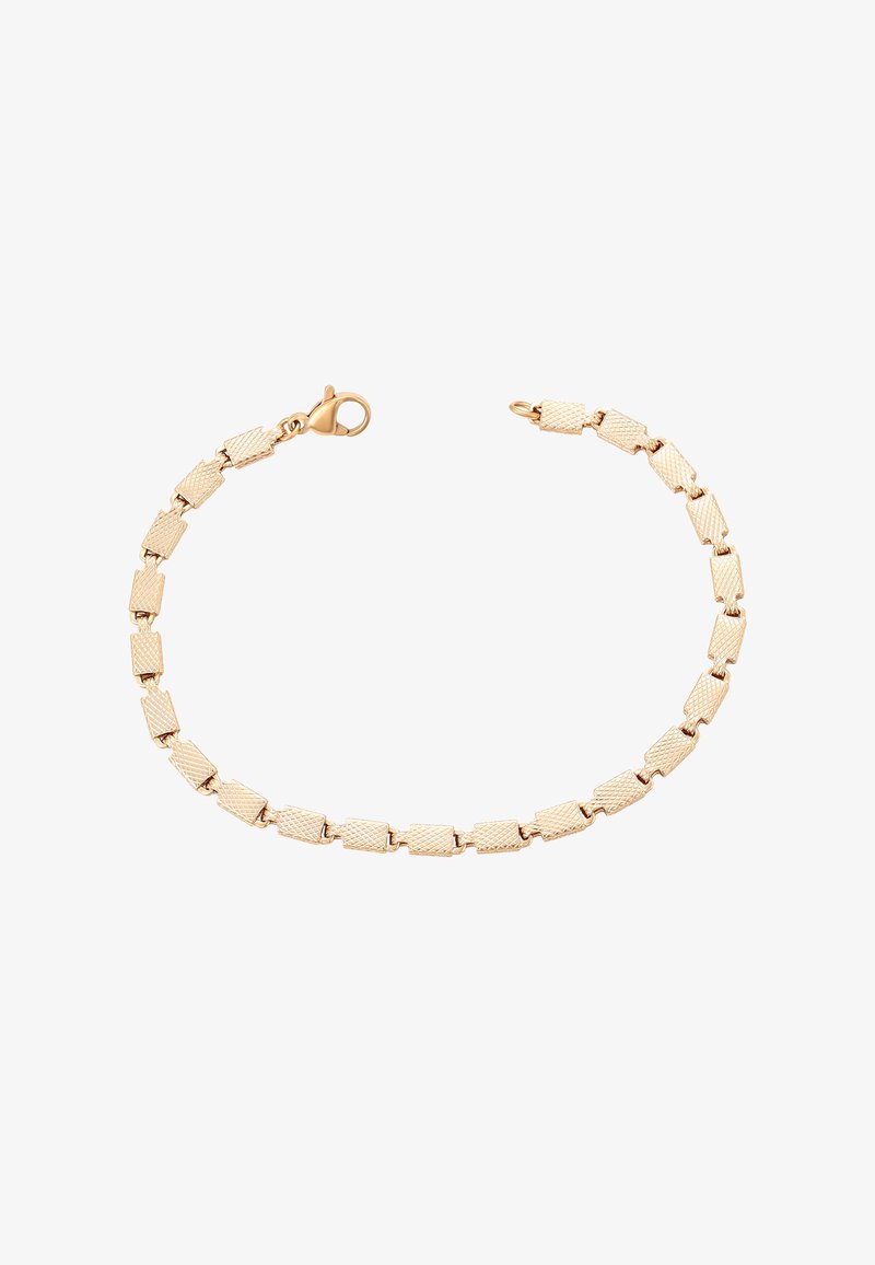 Arany karkötő téglalap alakú, texturált láncszemekkel és homárkapoccsal, fehér háttér előtt.