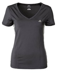 Black athletic t-shirt made of breathable fabric with a v-neck, short sleeves, and white side stripes. Features a mesh lining.