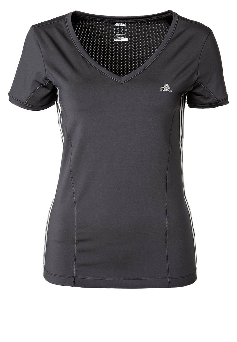 Black athletic t-shirt made of breathable fabric with a v-neck, short sleeves, and white side stripes. Features a mesh lining.