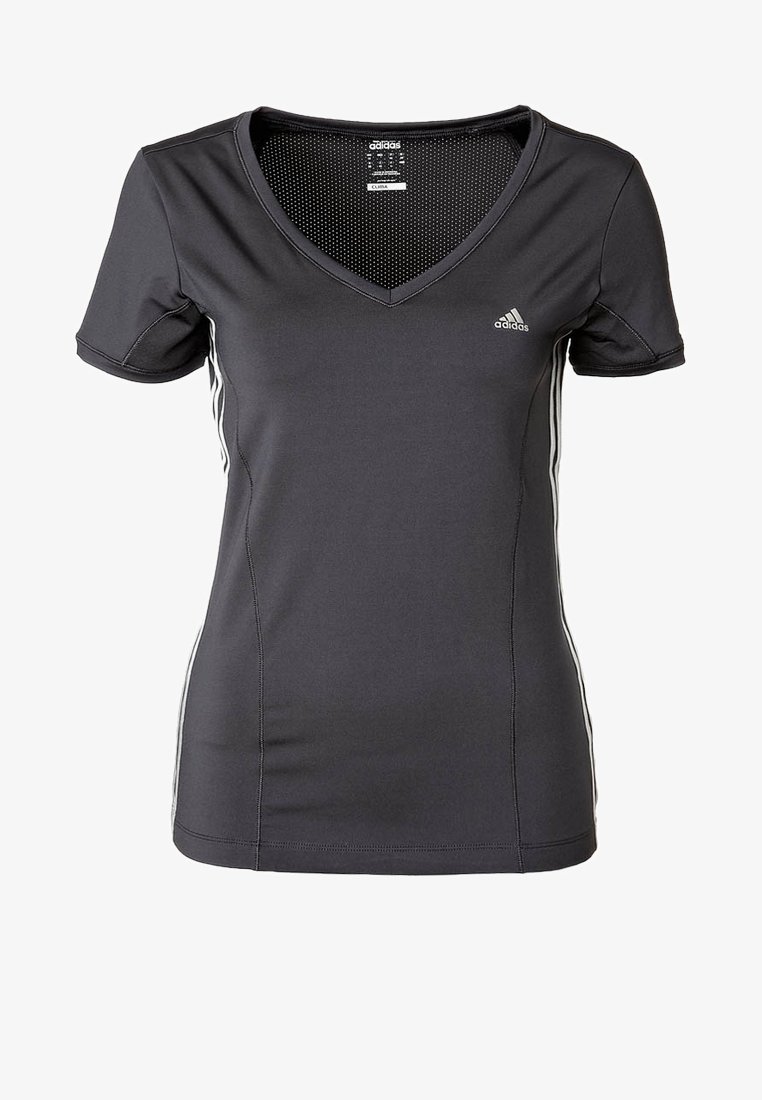 Sort trænings T-shirt lavet af åndbart stof med V-hals, korte ærmer og hvide sidelister. Har en mesh-foring.