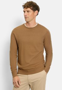 Brauner langärmliger Pullover mit Rundhalsausschnitt, gerippten Bündchen und Saum, aus einem weichen Strickstoff, kombiniert mit beigen Hosen.