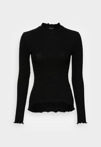 Svart långärmad topp med ribbat mönster, hög volang-halsringning och vågig fåll och manschetter, som ger en åtsittande silhuett.