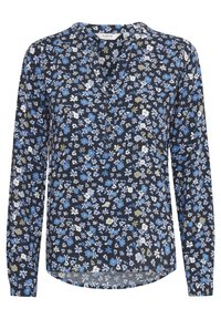 Långärmad blommig blus i navy med blå, vita och gröna blommor, med V-ringning och knappdetalj. Mjuk, lättviktig tyg.