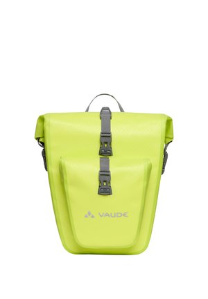 Sacoche étanche jaune-vert vif avec poche avant et sangles à boucles grises, affichant le logo Vaude sur la poche avant.