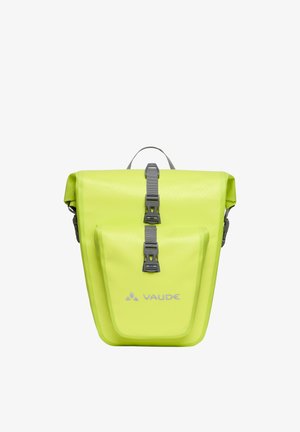 Sacoche étanche jaune-vert vif avec poche avant et sangles à boucles grises, affichant le logo Vaude sur la poche avant.