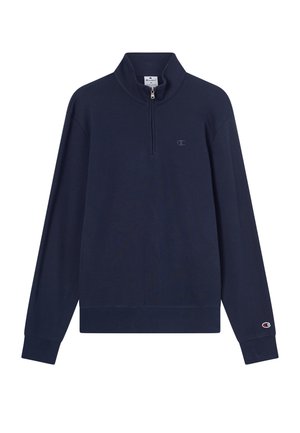 Sweat-shirt à enfiler bleu marine avec col montant à demi-fermeture éclair, manches longues, poignets côtelés et petit logo sur la poitrine. Tissu doux et texturé.