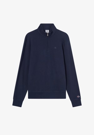 Sweat-shirt à enfiler bleu marine avec col montant à demi-fermeture éclair, manches longues, poignets côtelés et petit logo sur la poitrine. Tissu doux et texturé.
