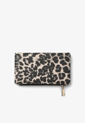 Portafoglio in pelle con stampa leopardata nera e beige, chiusura con zip e finiture in oro, forma rettangolare e superficie texture.