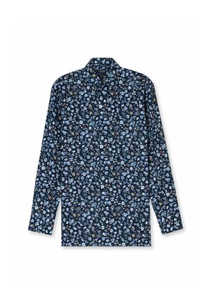 Marinefarbene Langarmbluse mit einem floralen Muster in verschiedenen Blautönen, Rosa und Grün. Klassischer Kragen und gerader Schnitt.