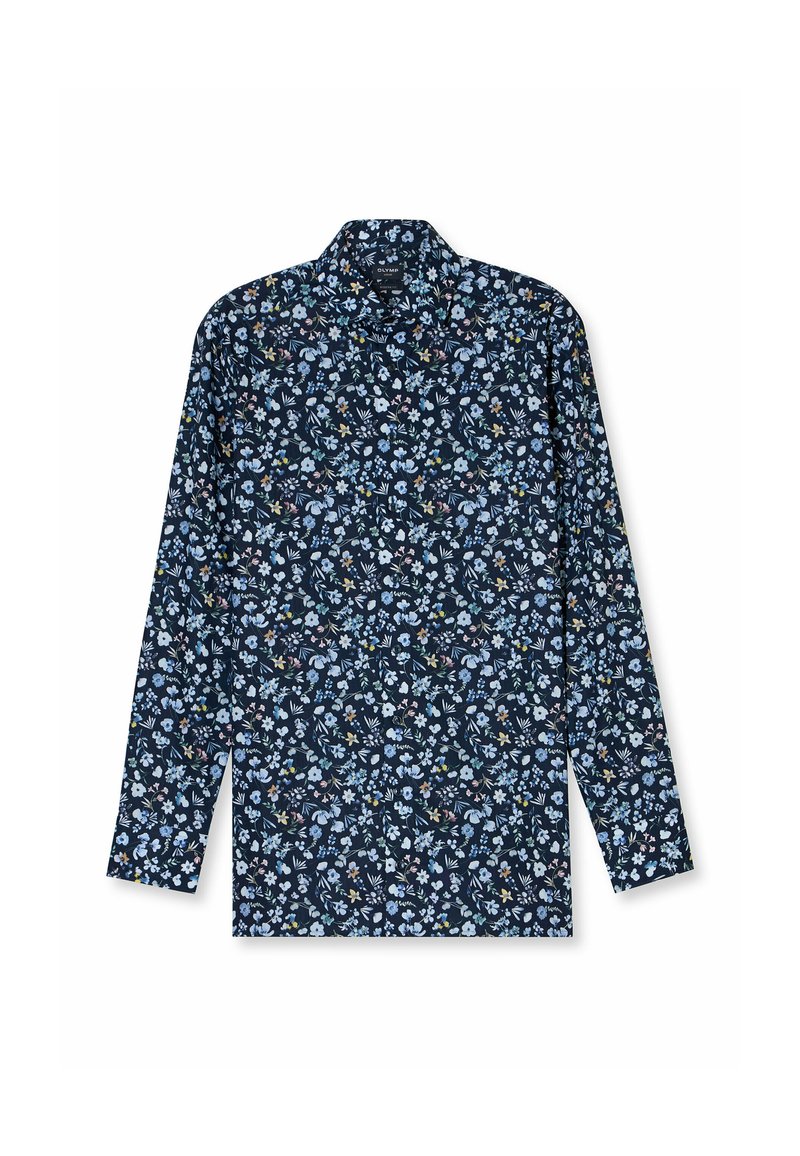 Marineblauwe lange mouwen shirt met een bloemenpatroon in verschillende tinten blauw, roze en groen. Klassieke kraag en rechte snit.