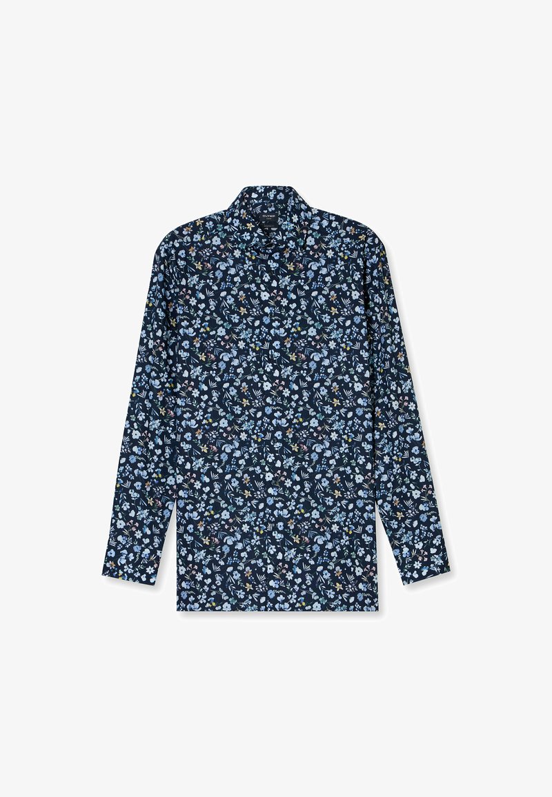 Camicia a maniche lunghe blu navy con motivo floreale in diverse tonalità di blu, rosa e verde. Collo classico e taglio dritto.