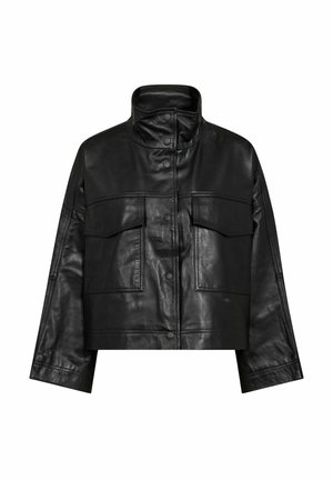 Black leather cropped jacket with a high collar, two chest pockets, and snap buttons. Features a smooth texture and a modern silhouette.
