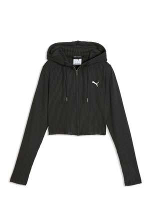 Sweat à capuche court noir côtelé avec fermeture éclair, manches longues, capuche à cordon et petit logo blanc Puma sur la poitrine.
