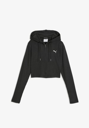 Sort ribbet cropped lynlås-hættetrøje med lange ærmer, snøre i hætten og et lille hvidt Puma-logo på brystet.