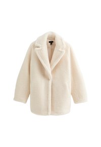 Cappotto fluffy color crema con colletto a punte, apertura frontale e tasche laterali. Tessuto morbido, forma oversize e vestibilità rilassata.