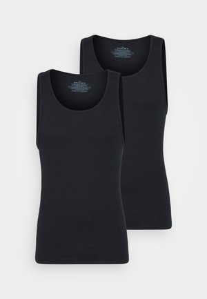 Deux débardeurs noirs fabriqués dans un tissu lisse et extensible. Ils présentent un col rond, des bretelles étroites et un ourlet droit.