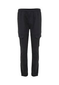 Schwarze Jogginghosen aus weichem Stoff, ausgestattet mit einem elastischen Bund, einer Kordelzug, seitlichen Cargo-Taschen und eng anliegenden Bündchen.